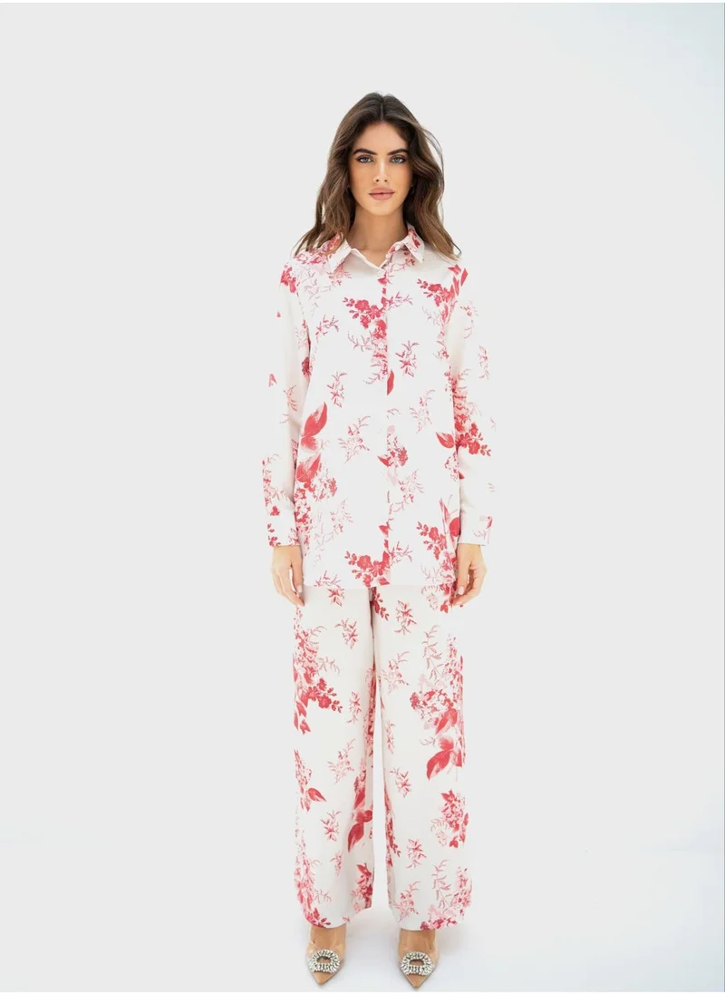 Hassal Printed Button Down Shirt And High Waist Pants Set