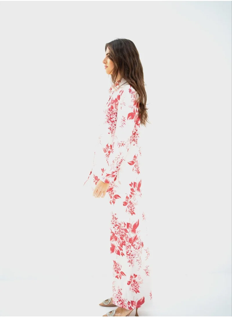 Hassal Printed Button Down Shirt And High Waist Pants Set
