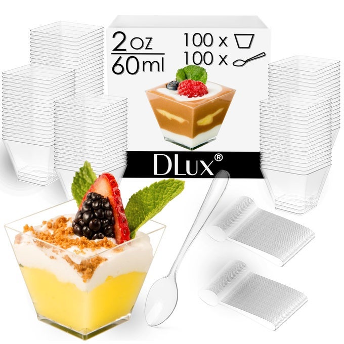 100 X 2 OZ MINI DESSERT CUPS WITH SPOONS SQUARE SHORT CLEAR PLASTIC PARFAIT APPETIZER CUP SMALL REUSABLE SERVING BOWL FOR TASTING PARTY DESSERTS APPETIZERS WITH RECIPE EBOOK