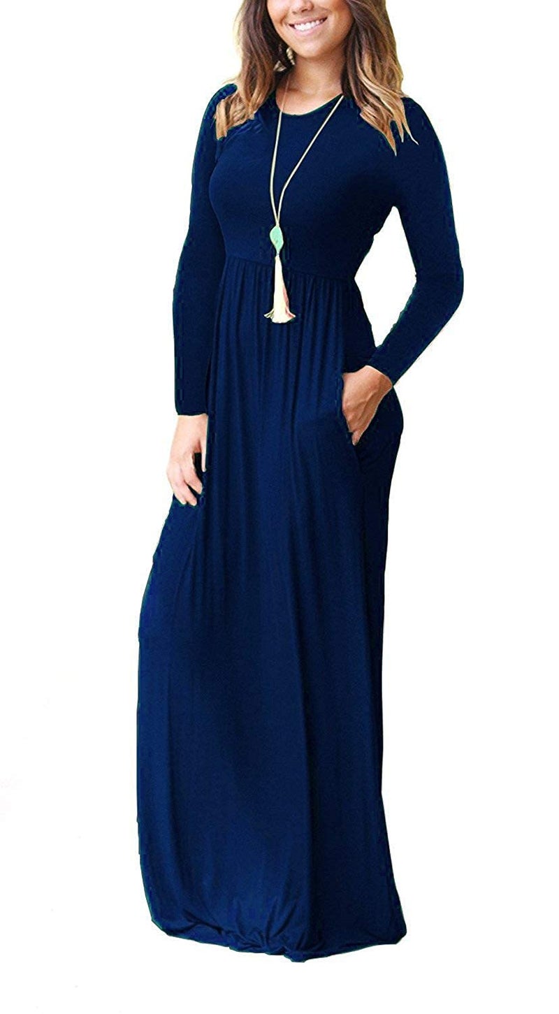 AUSELILY Women's Long Sleeve Dress Loose Plain Long Casual Maxi Dresses with Pockets 2025 New Navy Blue S - Image 3