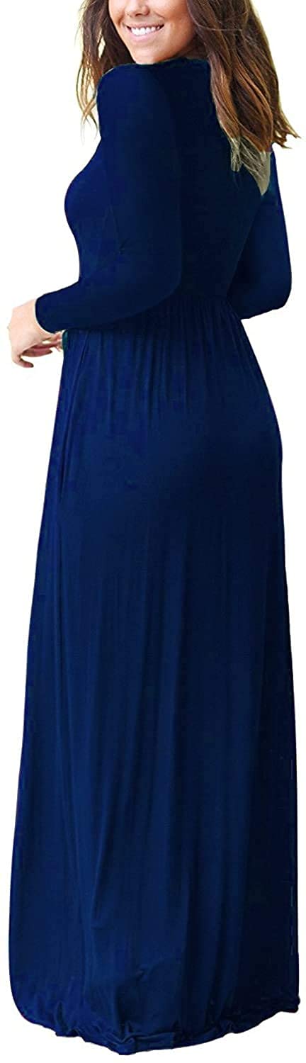 AUSELILY Women's Long Sleeve Dress Loose Plain Long Casual Maxi Dresses with Pockets 2025 New Navy Blue S - Image 2