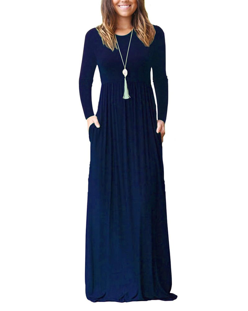 AUSELILY Women's Long Sleeve Dress Loose Plain Long Casual Maxi Dresses with Pockets 2025 New Navy Blue S - Image 1
