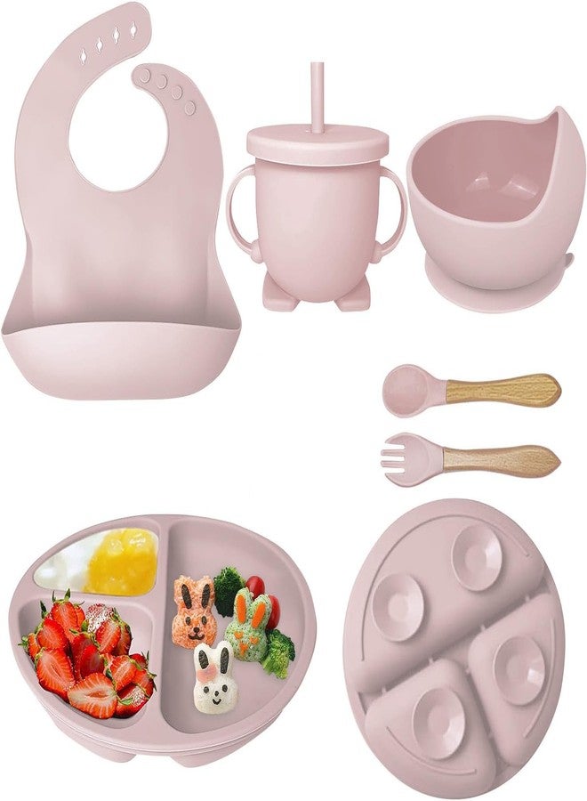 Prakid 7 in 1 Silicone Feeding Set | Complete Tableware With Suction Plate, Bowl, Spoon, Fork, Cup & Bib | BPA-Free, Microwave Safe | Easy Clean | Perfect Kit for Baby | Pink - Image 1