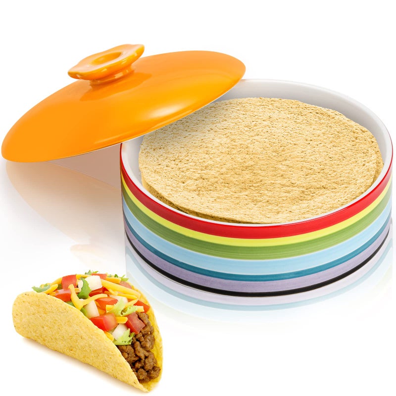 Lyellfe Lyellfe Ceramic Tortilla Warmer 85 Inch Colorful Tortilla Server Keeper Container with Lid Hold up to 12 Tortillas Great for Taco Tuesday Night Mexican Party Microwave and Oven Safe 