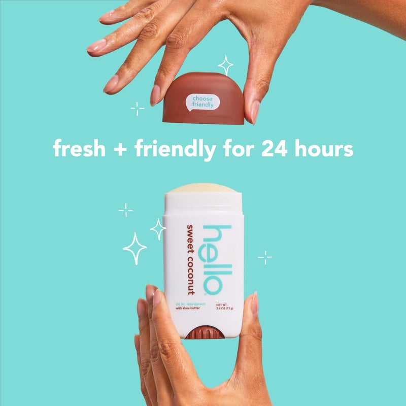 Hello مرحبًا مزيل العرق بجوز الهند الحلو مع زبدة الشيا للنساء والرجال، خالي من الألمنيوم، خالي من بيكربونات الصوديوم، خالي من البارابين، حماية من الروائح لمدة 24 ساعة، 2.6 أونصة، عبوتين - Image 4