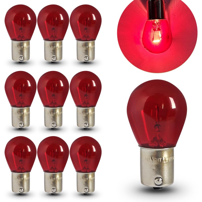 Tesnaao 10 PCS Car 1156 Turn Signal Light P21W 1141 S25 Waterproof High Brightness Stable Filament Halogen Bulb 12V 21W BA15S Single Contact Long Life Bulb Replacement Universal for Cars Red