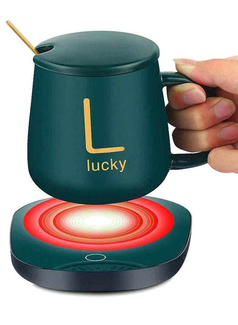 Lucky كوب القهوة الدافئ للمكتب، كوب القهوة للمشروبات الكهربائية للحفاظ على دفء حليب الشاي والشاي والكاكاو، كوب وملعقة  - Image 1