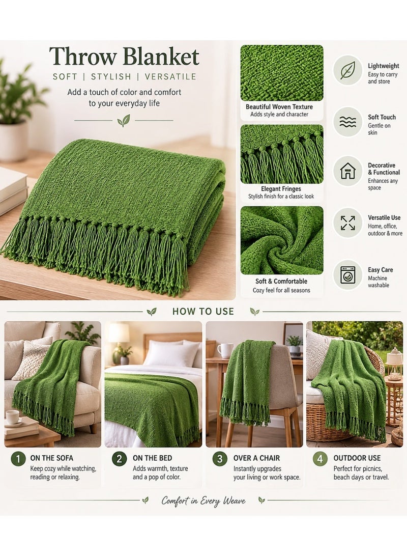 Woven Throw Blanket – 100% Cotton, 127 × 154 cm – Soft Lightweight Textured Blanket with Decorative Tassels for Sofa, Bed & Home Décor - Image 2
