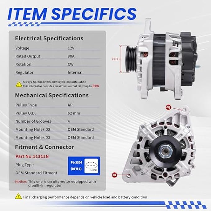 TSSLIIN Upgraded High Output Alternator For/HYUNDAI Elantra 2007-2012, For/KIA Spectra5 2007-2009, Spectra 2007-2009, Soul 2010-2011 L4 2.0L OE 11311 211311 90A 12V 4-Groove Pulley - Image 3
