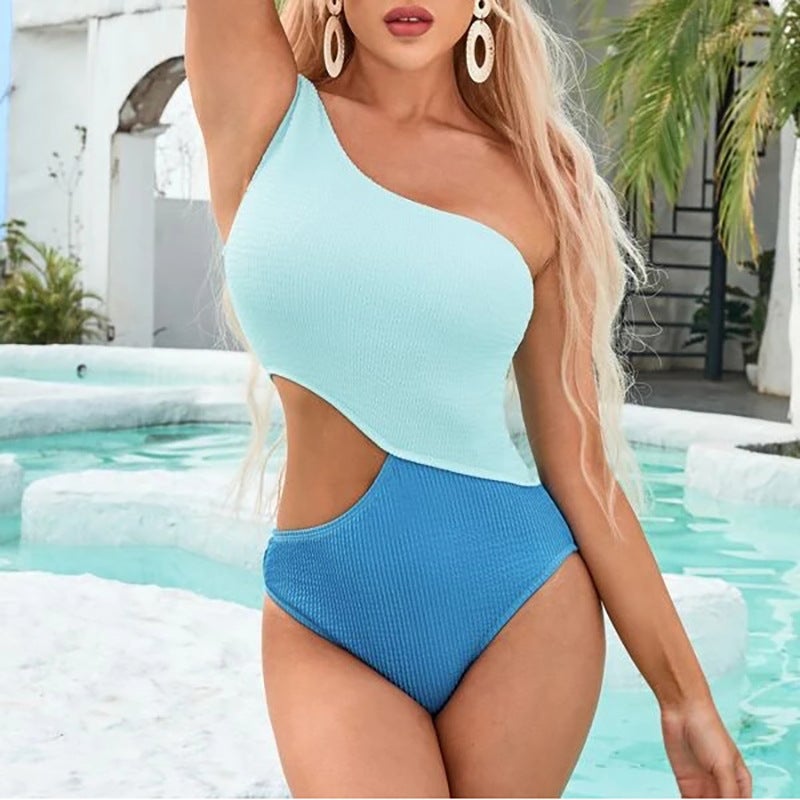 2022 New One-Piece Swimsuit Female Color Splicing Single Shoulder Bikini Resort Wind Swimsuit - Image 4