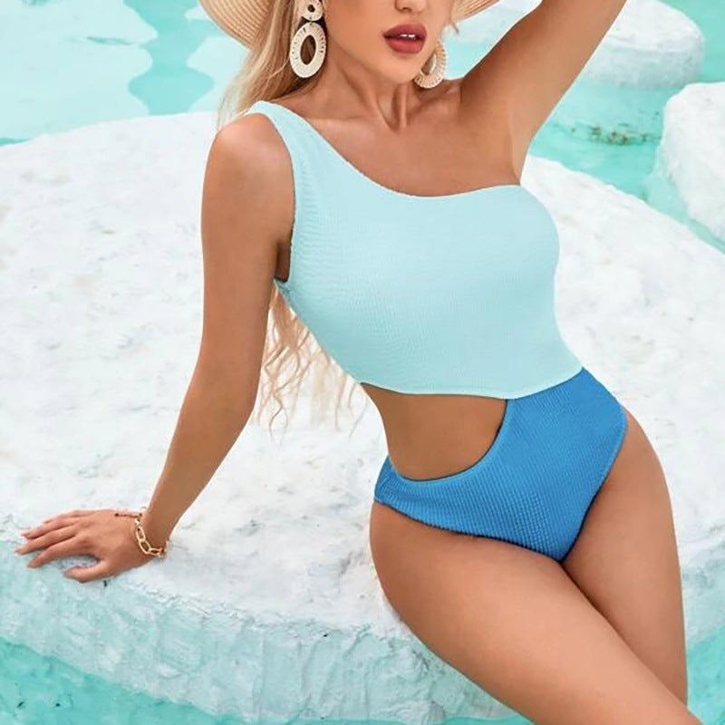 2022 New One-Piece Swimsuit Female Color Splicing Single Shoulder Bikini Resort Wind Swimsuit - Image 5