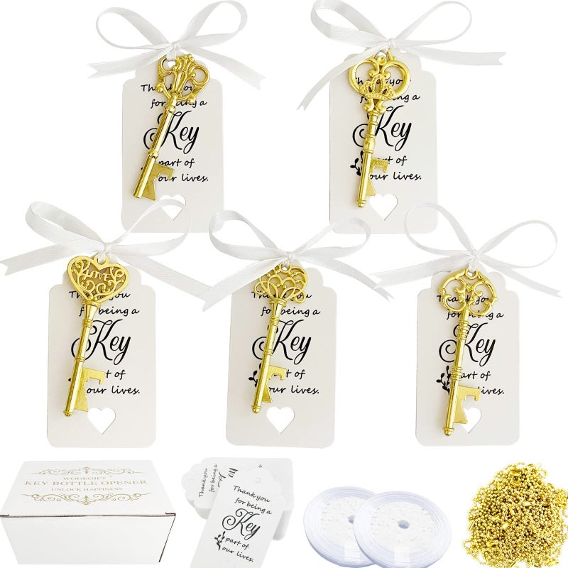 WODEGIFT 100 PCS Bridal Shower Favors Key Bottle OpenersWedding FavorsGiftsDecorations or Souvenirs for guests Bulk Bridal Shower Party Favors with Card Tag and Chains Gold