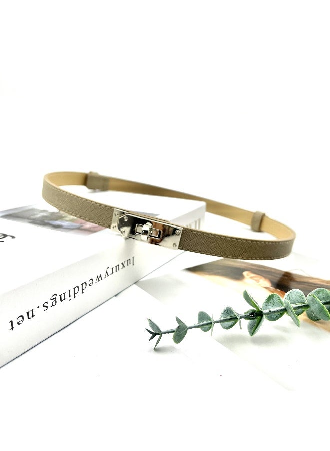 xozgdovg 2024 New Arrival Tight Waist Lock Narrow Thin Belt Belt Womens Long Shirt Skirt Decorative All-match Adjustable Small Belt Women Shallow khaki silver buckle 