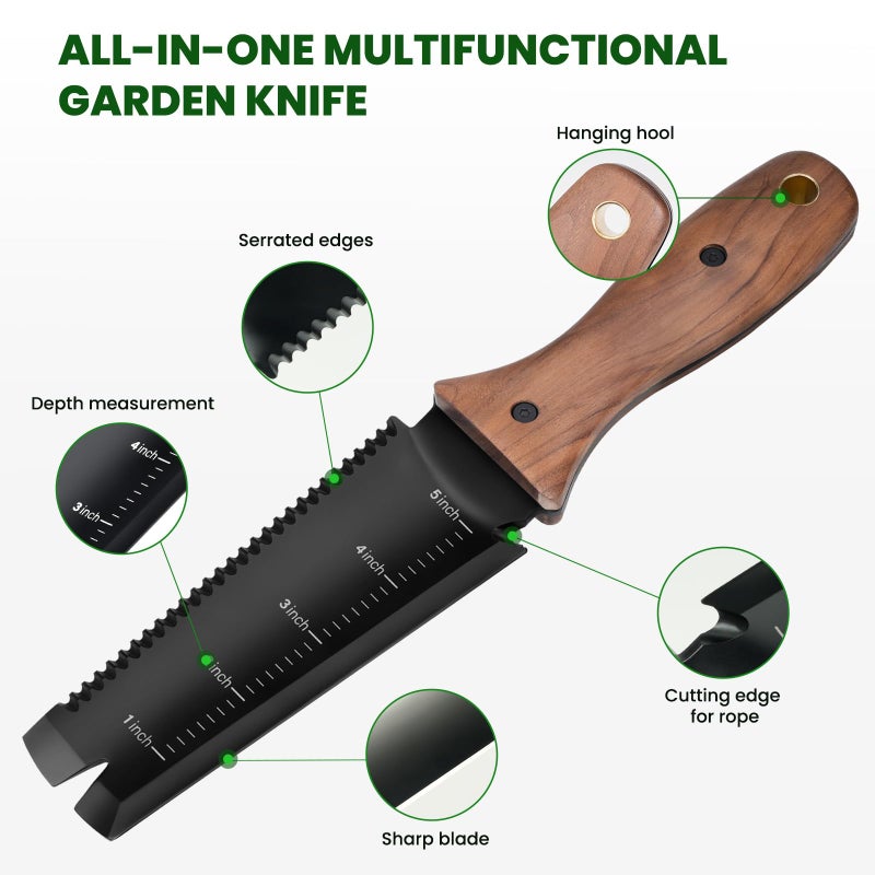 PERWIN Hori Hori Garden Knife, Garden Tools with Sheath, 6" Stainless Steel Blade with Cutting Edge, Full-Tang Walnut Ergonomic Wood Handle with Hanging Hole, Weeding, Planting, Digging - Image 3