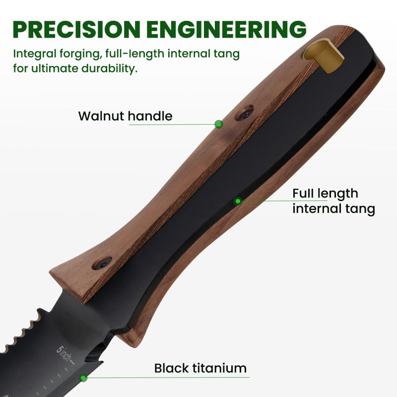 PERWIN Hori Hori Garden Knife, Garden Tools with Sheath, 6" Stainless Steel Blade with Cutting Edge, Full-Tang Walnut Ergonomic Wood Handle with Hanging Hole, Weeding, Planting, Digging - Image 5