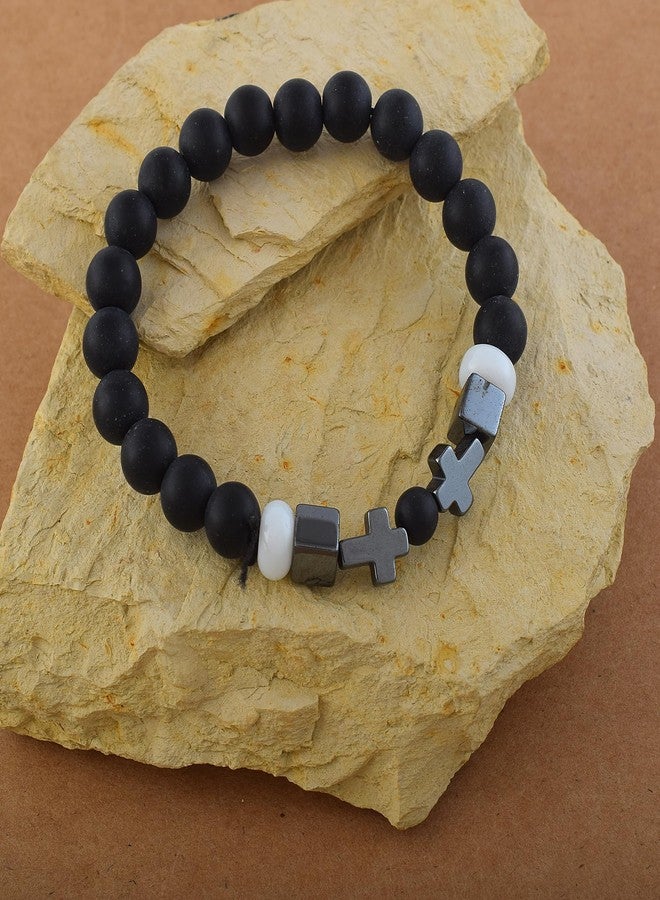 Memoir Black & White Beaded Bracelet with Ceramic Cross Charms – Christian Spiritual Jewelry for Men & Women (BLKL7783) - Image 4