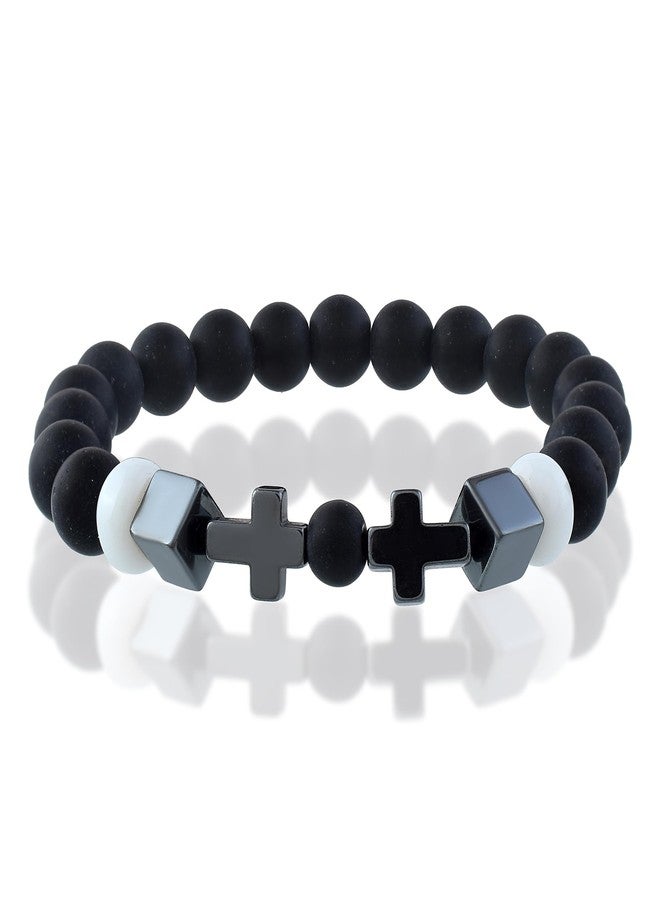 Memoir Black & White Beaded Bracelet with Ceramic Cross Charms – Christian Spiritual Jewelry for Men & Women (BLKL7783) - Image 2