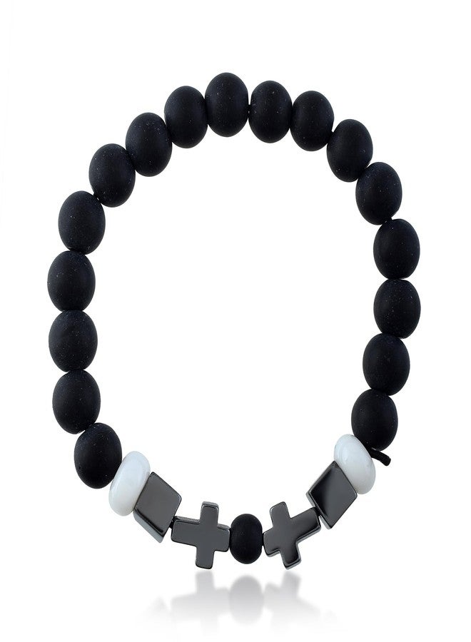 Memoir Black & White Beaded Bracelet with Ceramic Cross Charms – Christian Spiritual Jewelry for Men & Women (BLKL7783) - Image 1