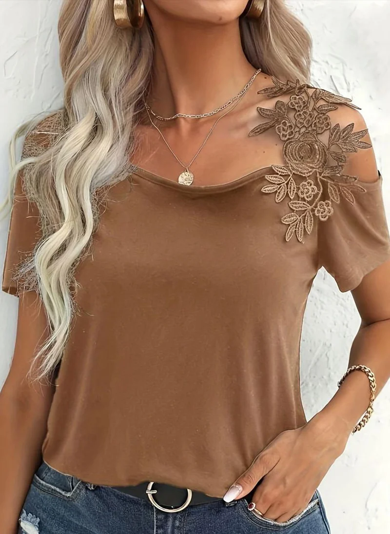 YUNIQEE Brown Boat Neck Short Sleeves Solid Top
