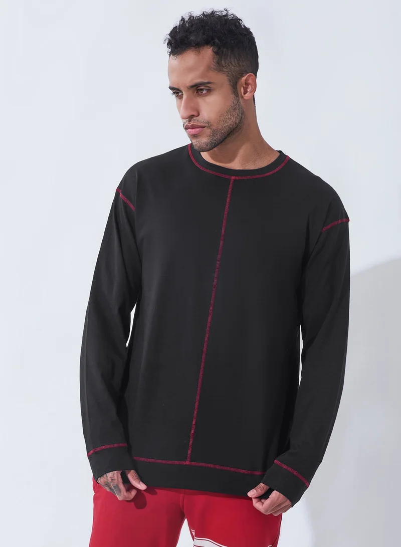 Maniac Maniac Mens Solid Round Neck Full Sleeve Black and Red Cotton Slim Fit T-Shirt