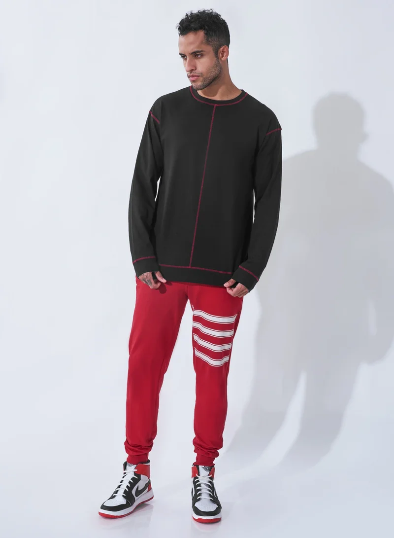 Maniac Maniac Mens Solid Round Neck Full Sleeve Black and Red Cotton Slim Fit T-Shirt
