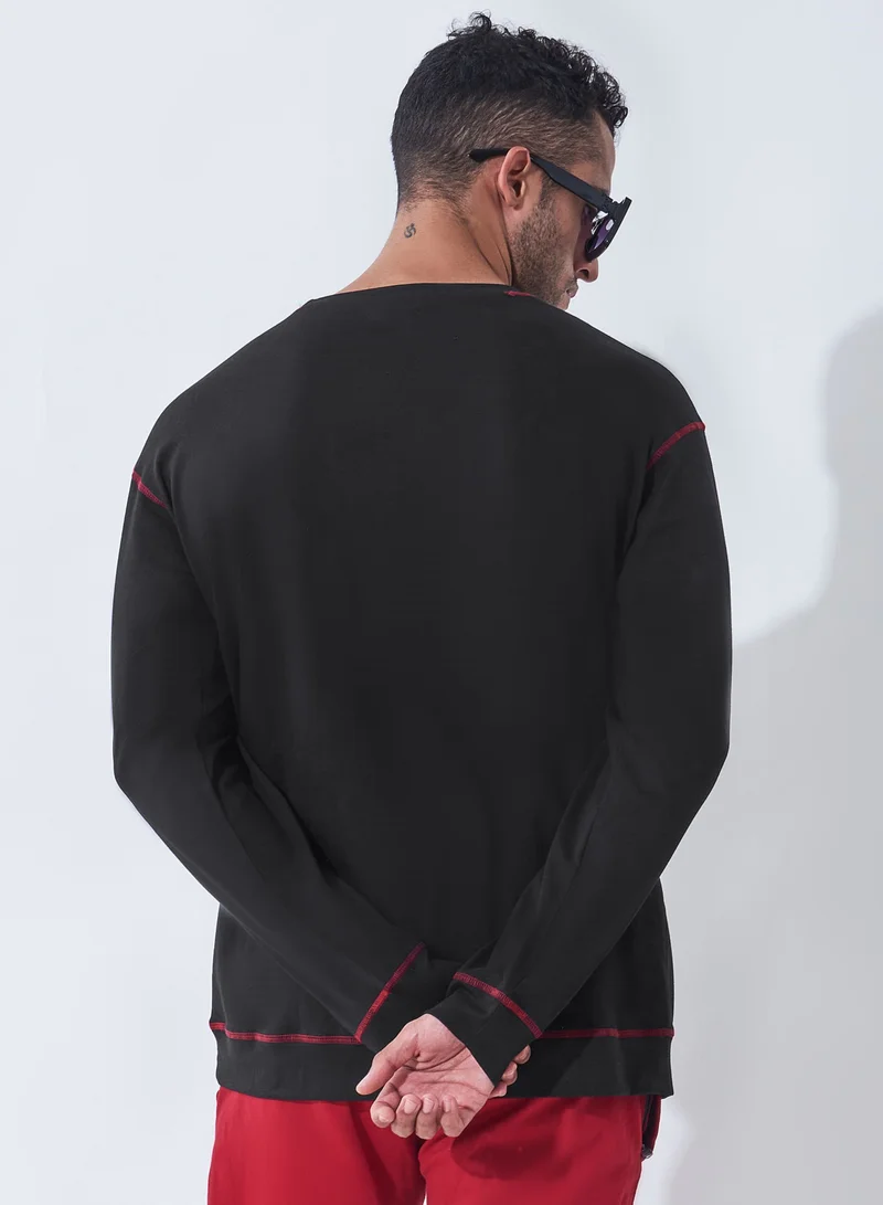 Maniac Maniac Mens Solid Round Neck Full Sleeve Black and Red Cotton Slim Fit T-Shirt