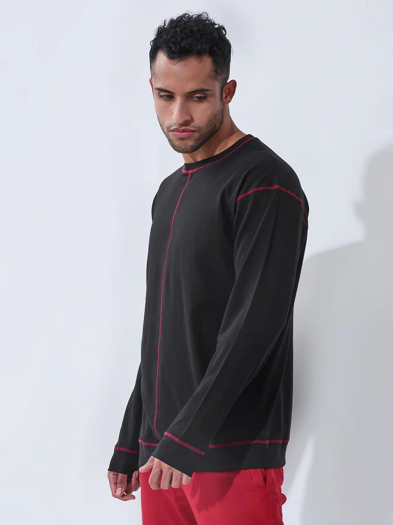 Maniac Maniac Mens Solid Round Neck Full Sleeve Black and Red Cotton Slim Fit T-Shirt
