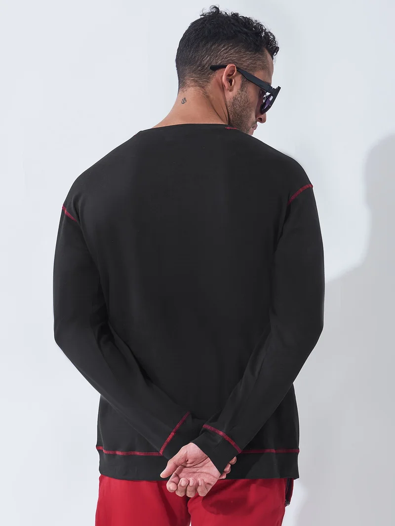 Maniac Maniac Mens Solid Round Neck Full Sleeve Black and Red Cotton Slim Fit T-Shirt