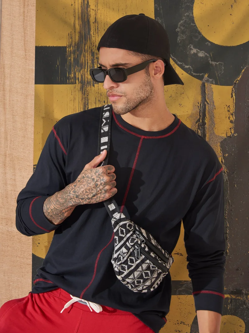 Maniac Maniac Mens Solid Round Neck Full Sleeve Black and Red Cotton Slim Fit T-Shirt