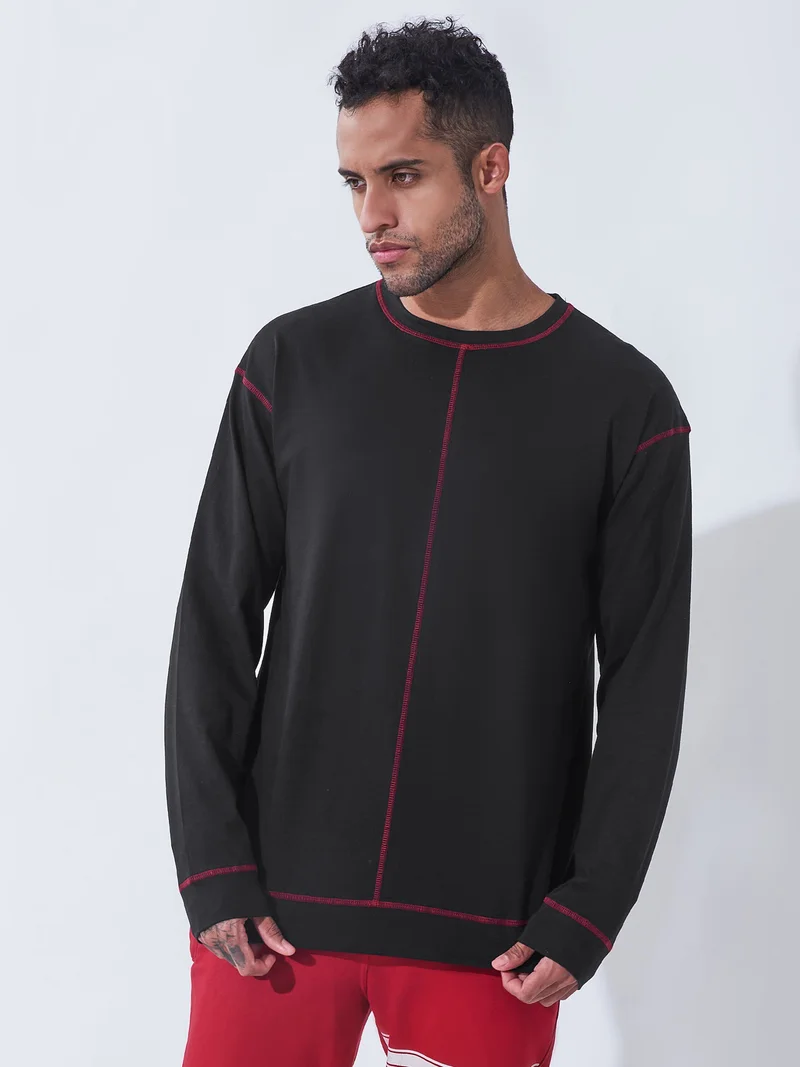 Maniac Maniac Mens Solid Round Neck Full Sleeve Black and Red Cotton Slim Fit T-Shirt