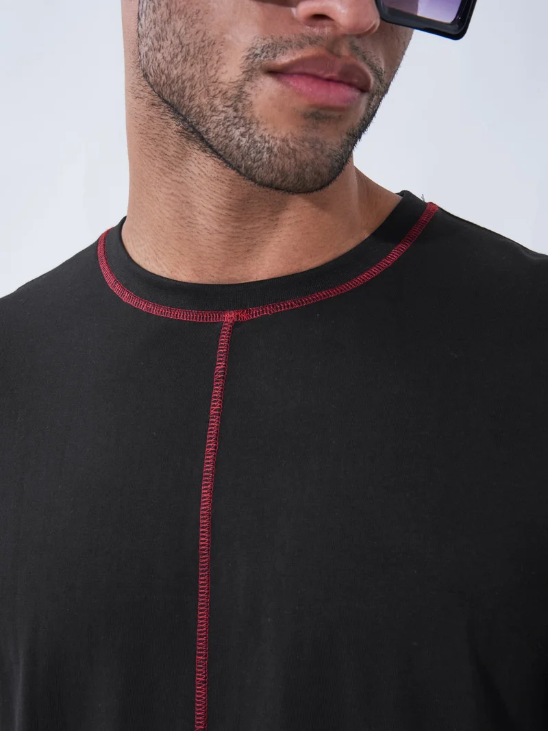 Maniac Maniac Mens Solid Round Neck Full Sleeve Black and Red Cotton Slim Fit T-Shirt