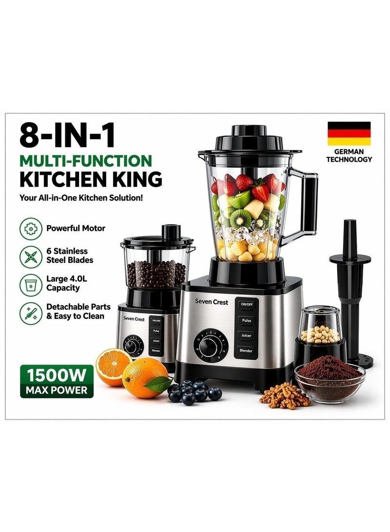 Seven CREST 8-in-1 Multifunction Juicer Machine Blender Food Processor 4L 1500W Heavy Duty Stainless Steel Electric Mixer Kitchen Machine with Grinder Chopper Dough Maker Egg Beater Ice Crushing - Image 2