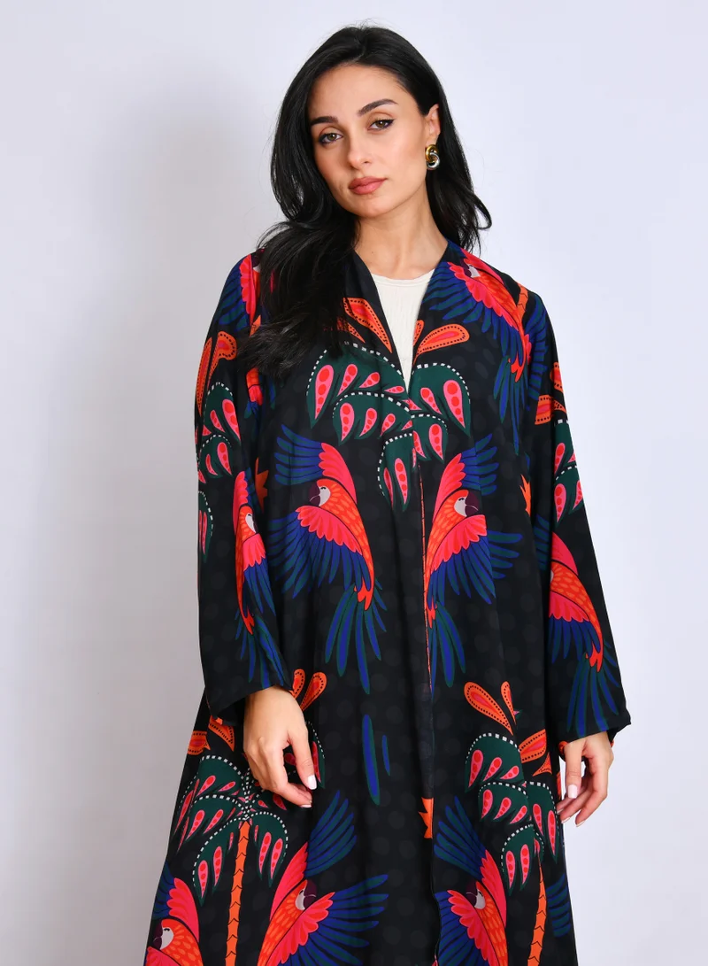 HAWRAA ABAYA Quarter cloche abaya made of printed silk fabric