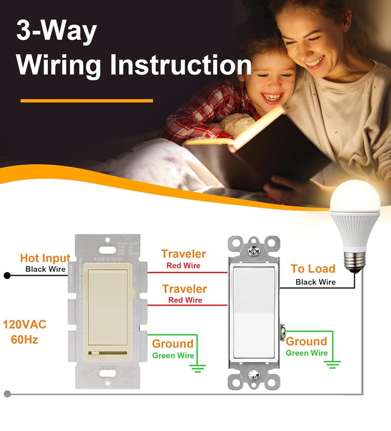 CLOUDY BAY in Wall Dimmer Switch for LED Light/CFL/Incandescent,3-Way Single Pole Dimmable Slide,600W max Incandescent,150W max Dimmable LED/CFL, Cover Plate Included,Almond,2 Pack - Image 5