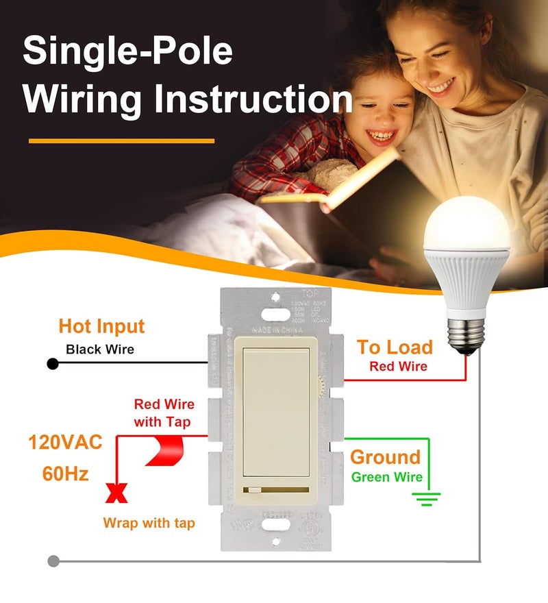 CLOUDY BAY in Wall Dimmer Switch for LED Light/CFL/Incandescent,3-Way Single Pole Dimmable Slide,600W max Incandescent,150W max Dimmable LED/CFL, Cover Plate Included,Almond,2 Pack - Image 4
