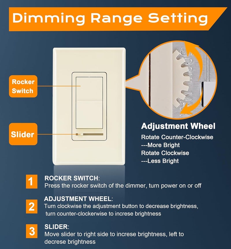 CLOUDY BAY in Wall Dimmer Switch for LED Light/CFL/Incandescent,3-Way Single Pole Dimmable Slide,600W max Incandescent,150W max Dimmable LED/CFL, Cover Plate Included,Almond,2 Pack - Image 3