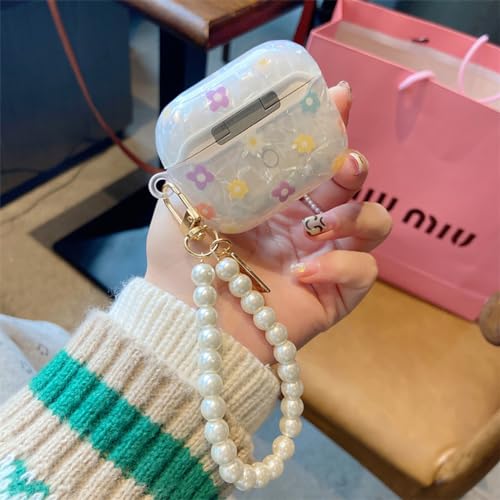 Olytop for Cute Glitter Airpods 3rd Generation Case with Cleaner Pen, Shell Pattern Floral Apple Airpods iPod 3rd Gen Case Cover Protective Skin Girl Women with Luxury Pearl Keychain - Flower - Image 3