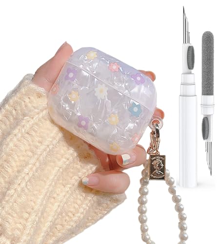 Olytop for Cute Glitter Airpods 3rd Generation Case with Cleaner Pen, Shell Pattern Floral Apple Airpods iPod 3rd Gen Case Cover Protective Skin Girl Women with Luxury Pearl Keychain - Flower - Image 1