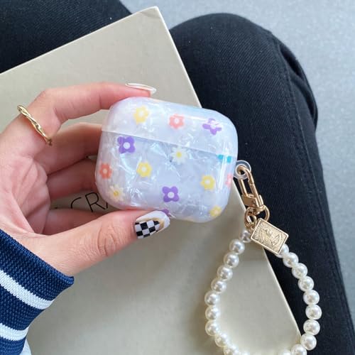 Olytop for Cute Glitter Airpods 3rd Generation Case with Cleaner Pen, Shell Pattern Floral Apple Airpods iPod 3rd Gen Case Cover Protective Skin Girl Women with Luxury Pearl Keychain - Flower - Image 4