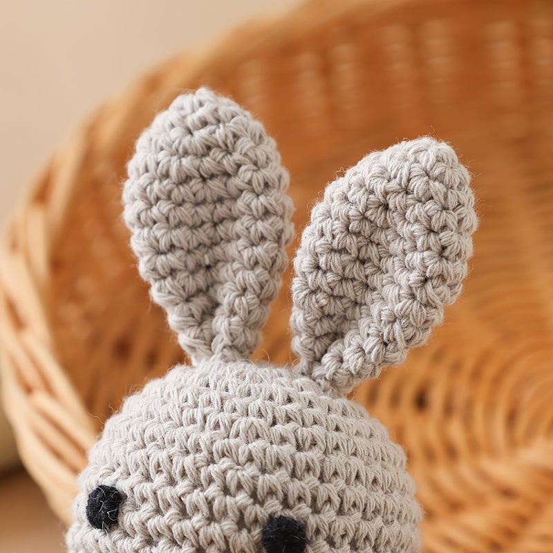 Handmade Crochet Rabbit Toy Gray Pink Bow Bell Keychain Baby Gift - Image 4