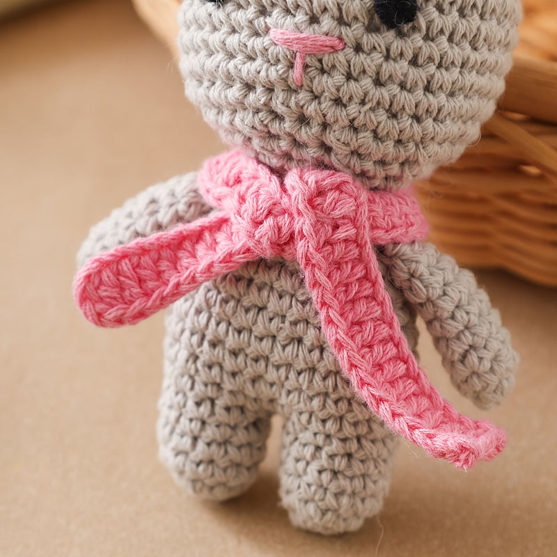 Handmade Crochet Rabbit Toy Gray Pink Bow Bell Keychain Baby Gift - Image 5