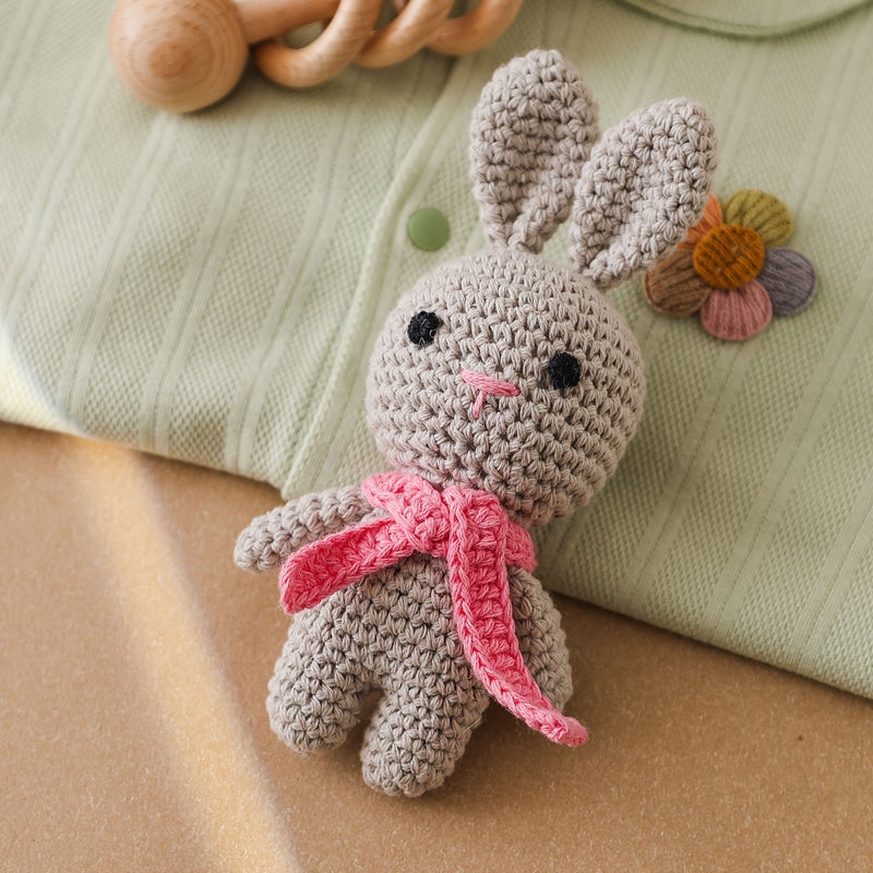Handmade Crochet Rabbit Toy Gray Pink Bow Bell Keychain Baby Gift - Image 3