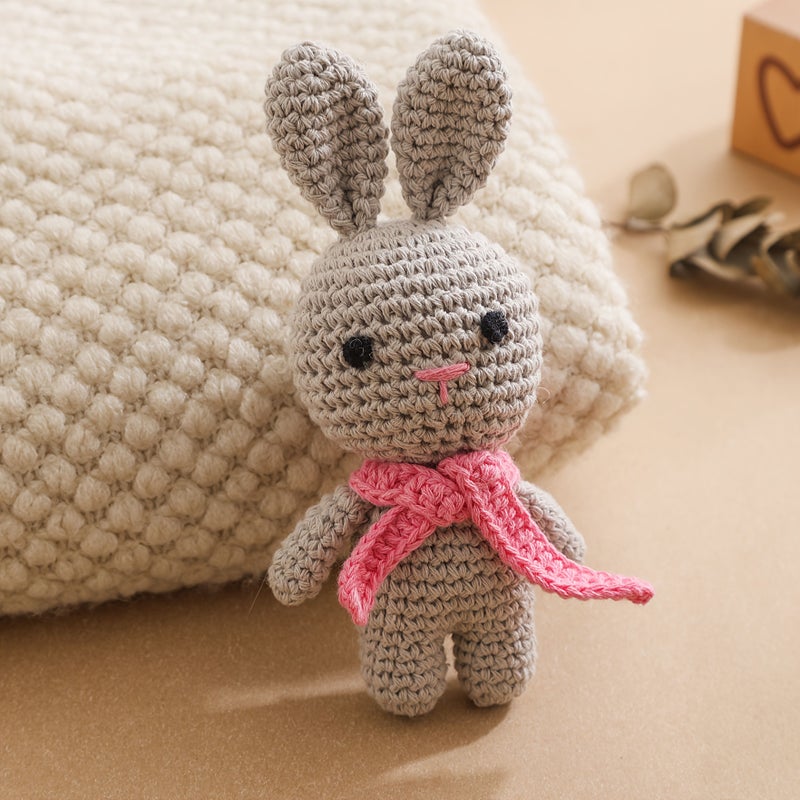 Handmade Crochet Rabbit Toy Gray Pink Bow Bell Keychain Baby Gift - Image 1