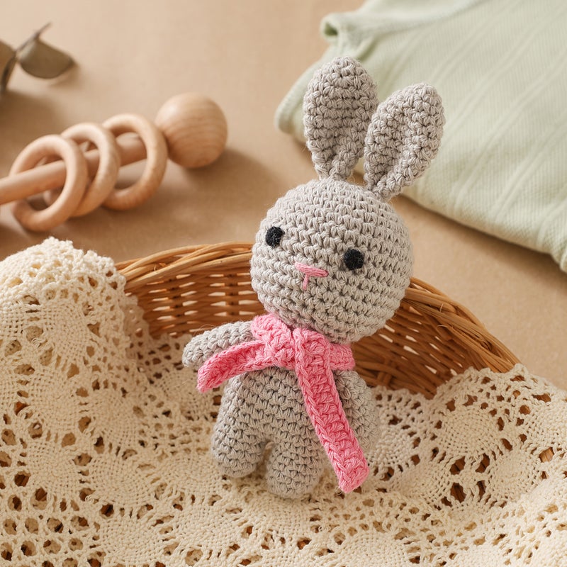 Handmade Crochet Rabbit Toy Gray Pink Bow Bell Keychain Baby Gift - Image 2