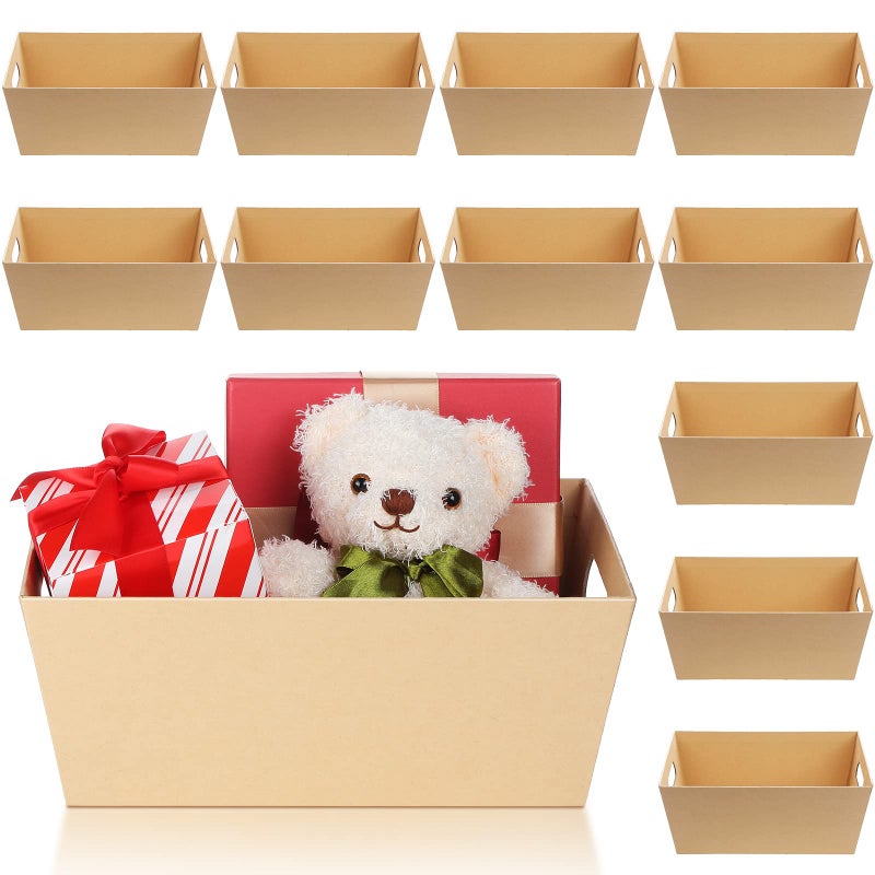 Fumete 12 Packs Baskets for Gifts Empty 12 Kraft Gift Basket with Handles 12 Transparent Bags and 12 Pink Bows 10x12Tray Cardboard for Wedding Birthday Party Christmas Wrapping Gift