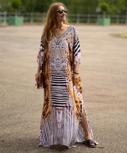 IMAGEKOPE Women's Plus Size Loose Fit Moroccan Print V-Neck Batwing Kaftan Beach Dress Bathing Suit Cover Up - Image 3