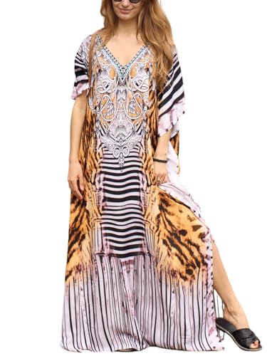 IMAGEKOPE Women's Plus Size Loose Fit Moroccan Print V-Neck Batwing Kaftan Beach Dress Bathing Suit Cover Up - Image 1