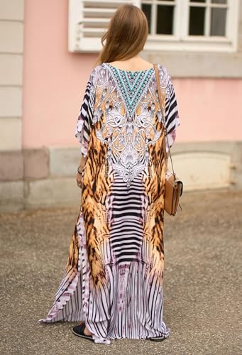 IMAGEKOPE Women's Plus Size Loose Fit Moroccan Print V-Neck Batwing Kaftan Beach Dress Bathing Suit Cover Up - Image 4