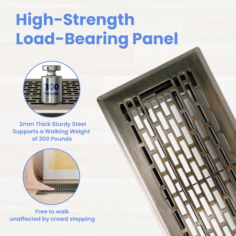 Howeall 4x10 Inches 2 Pack Heavy Duty Walkable Floor Register - Easy Adjust Air Supply Lever Decorative Floor Vent Covers - Boston Design Vent Covers for Home - Antique Brass - Image 2