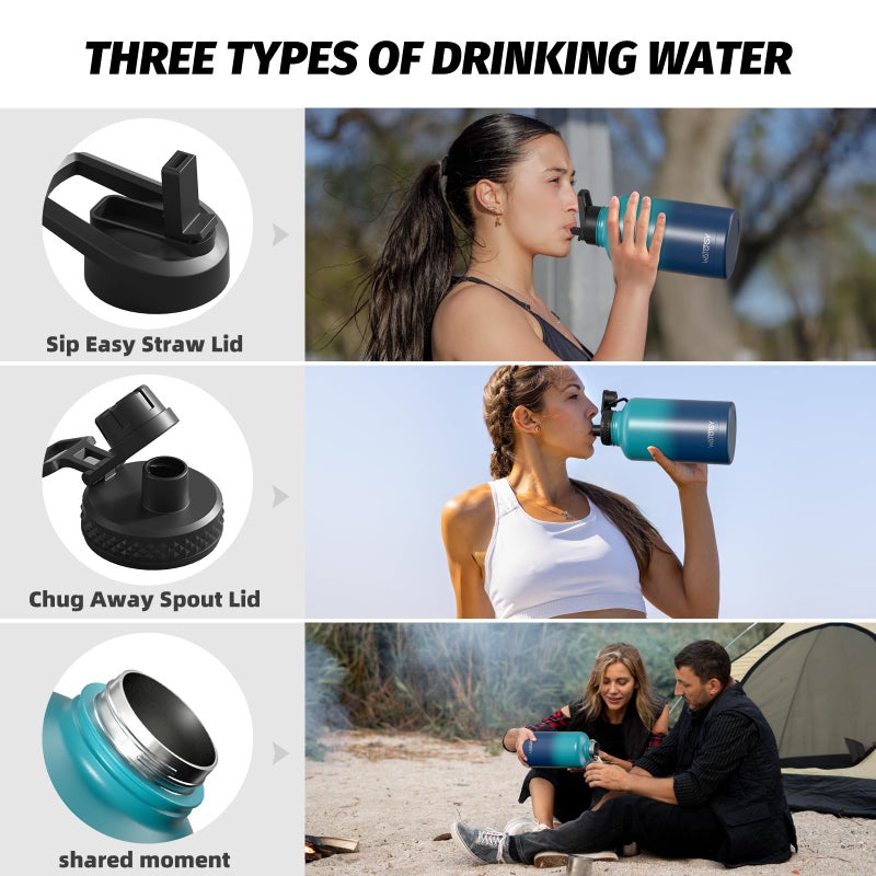 WATERSY 64oz Insulated Water Bottle (Cold for 48 Hrs),BPA Free&Leak Proof,Half Gallon Stainless Steel Water Flask,Water Jug with Straw Spout Lids for Gym,Hiking,Camping,Gradient Blue - Image 3